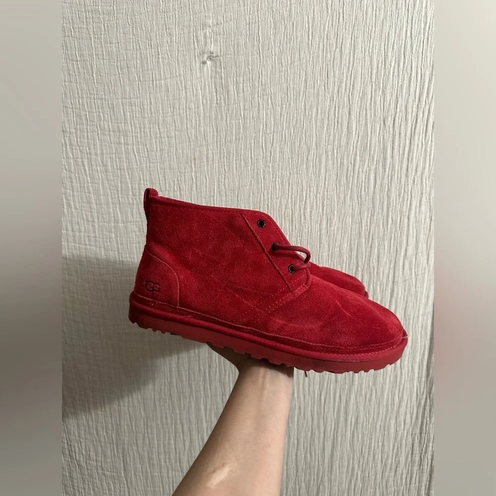 UGG Chukka Boots Shoes Mens 12 Red Neumel Suede Sheepskin Lace Up